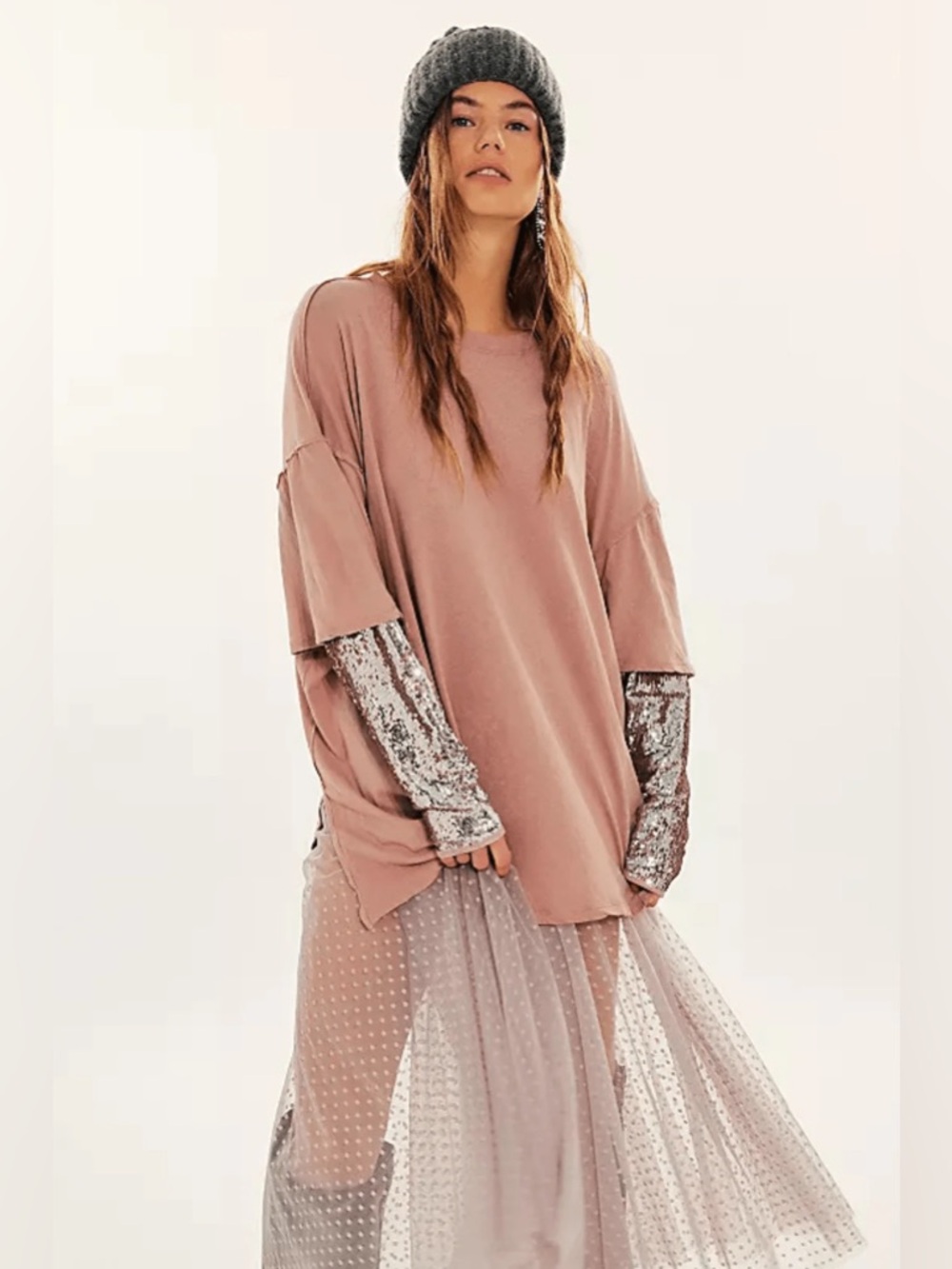 Free People Nellie Sequin Sleeve Twofer Tee NWT Mauve Dusty Rose
